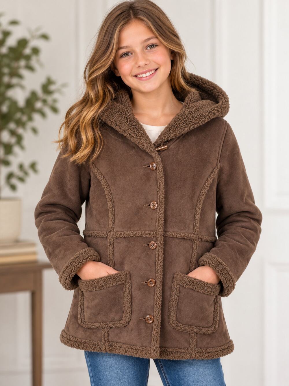 L.L.Bean Girls L 14-16 Brown Sherpa Fleece Jacket Full Zip Cozy Outdoor